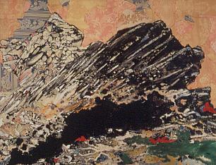 Enrico Baj, Agitatevi pietre e montagne, 1958, olio e collage di stoffa su tela, cm 90x115