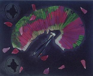 Silvio Merlino, Quadro minato e con ventaglio e petali di carta, 2000, cm 50x40