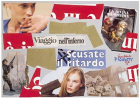 Lamberto Pignotti, Viaggio all'inferno, 1997, collage su cartoncino, cm. 30x50