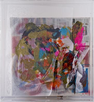 Gigi Rigamonti, Storia 33, 2009, tempere, colori acrilici e carta da lucido su legno con inserto quotidiano, cm. 122,5x113x27