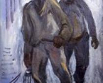 Giuseppe Flangini, Uscita dalla miniera, 1955, olio su tela cm 65x50