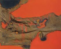 Alberto Burri, Rosso e sacco, 1956, sacco, olio, combustione su tela, cm 50x70