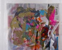 Gigi Rigamonti, Storia 33, 2009, tempere, colori acrilici e carta da lucido su legno con inserto quotidiano, cm. 122,5x113x27